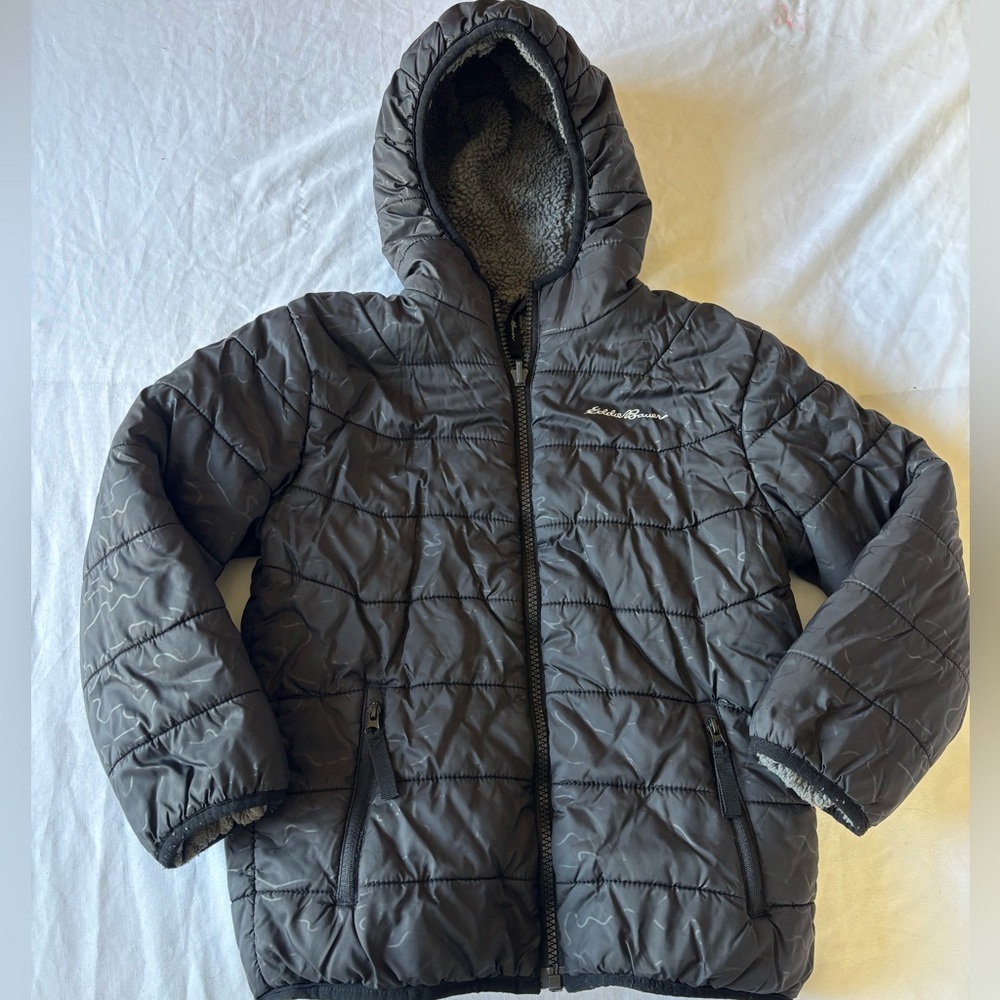 Eddie Bauer Kids XS 5/6 Reversible Hooded Puffer Jacket Gray Sherpa Lined Winter
